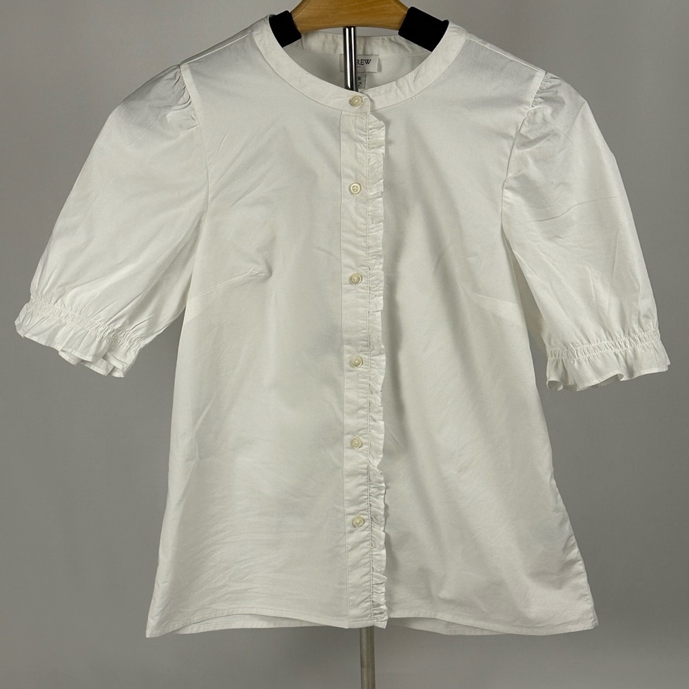 J. Crew Cotton Blend Business Casual Ruffle Button Up Shirt in White, size XS